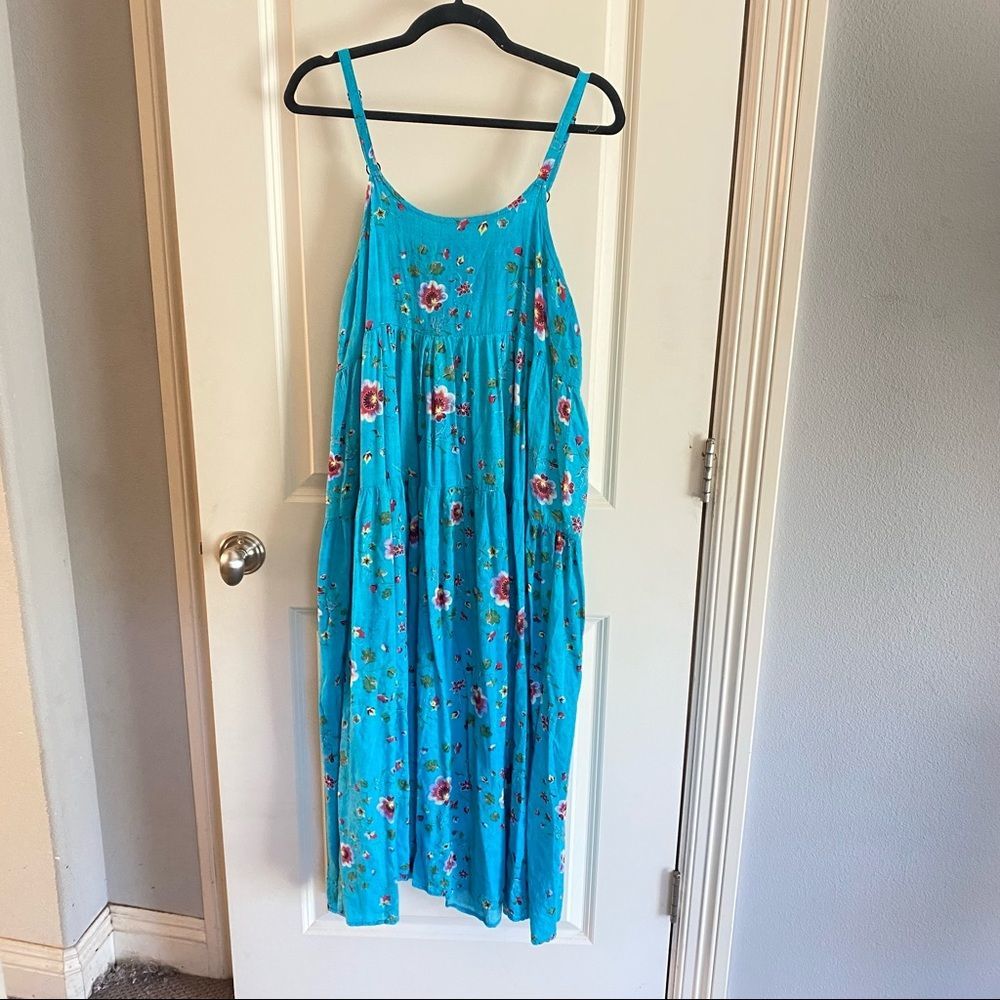 Vintage 90s Y2K Vibes Turquoise Blue Floral Maxi Tank Midi Dress